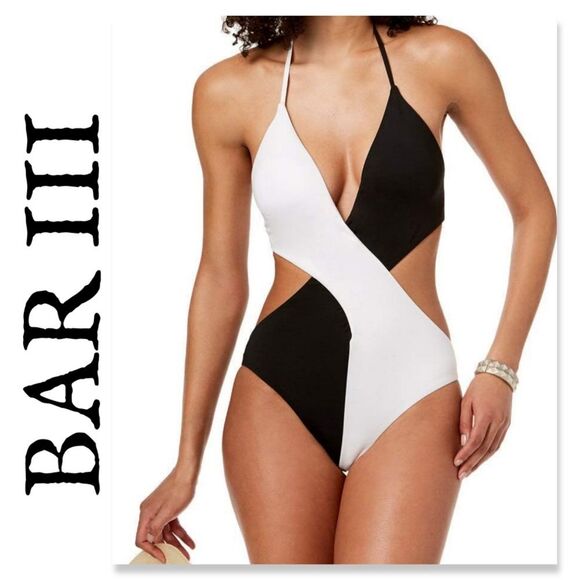 NWT Bar III Womens Colorblocked Plunging Halter One-Piece Cheeky Swimsuit - Picture 1 of 15